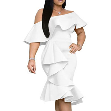 GOBLES Women's Elegant Off The Shoulder Ruffles Bodycon Midi Cocktail Dress White