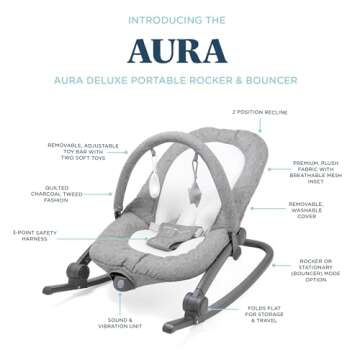 Baby Delight Aura Deluxe | Portable Baby Bouncer for Infants | Baby Rocker | Quilted Charcoal Tweed