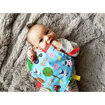 Baby Sensory Crinkle & Teething Square Lovey with Closed Ribbon Tags Enhances Cognitive Social & Emotional Development 8 X 8 Inch (Farm Friends)