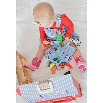 Baby Sensory Crinkle & Teething Square Lovey with Closed Ribbon Tags Enhances Cognitive Social & Emotional Development 8 X 8 Inch (Farm Friends)