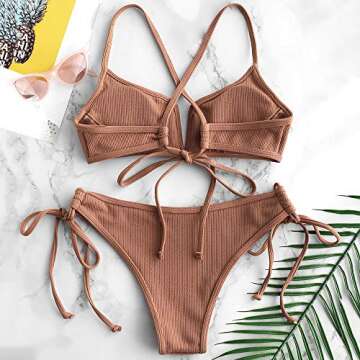 ZAFUL Two Pieces Bikini Set Ribbed V-Wired Bralette High Cut Swimsuit for Women Padded Cami Bathing Suit (S,Light Brown)