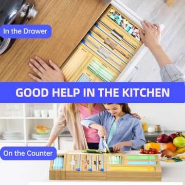 GEYILO 8 in 1 Bag Organizer Storage for Kitchen Drawer Organization, Bamboo Foil and Plastic Wrap Organizer, Plastic Bag Organizer for Gallon,Quart,Sandwich and Snack Variety Size Bag