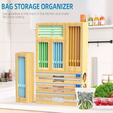 GEYILO 8 in 1 Bag Organizer Storage for Kitchen Drawer Organization, Bamboo Foil and Plastic Wrap Organizer, Plastic Bag Organizer for Gallon,Quart,Sandwich and Snack Variety Size Bag