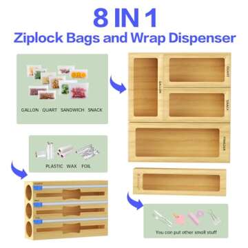 GEYILO 8 in 1 Bag Organizer Storage for Kitchen Drawer Organization, Bamboo Foil and Plastic Wrap Organizer, Plastic Bag Organizer for Gallon,Quart,Sandwich and Snack Variety Size Bag