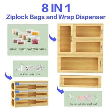 GEYILO 8 in 1 Bag Organizer Storage for Kitchen Drawer Organization, Bamboo Foil and Plastic Wrap Organizer, Plastic Bag Organizer for Gallon,Quart,Sandwich and Snack Variety Size Bag