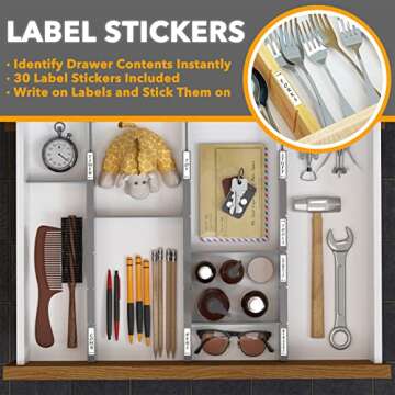 SpaceAid Bamboo Drawer Dividers with Inserts and Labels, Kitchen Adjustable Drawer Organizers, Expandable Organization for Home, Office, Dressers, 4 Dividers with 9 Inserts (17-22 in, Gray)