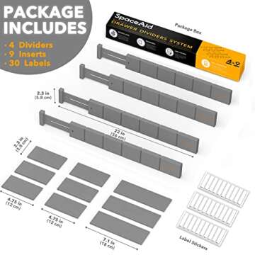 SpaceAid Bamboo Drawer Dividers with Inserts and Labels, Kitchen Adjustable Drawer Organizers, Expandable Organization for Home, Office, Dressers, 4 Dividers with 9 Inserts (17-22 in, Gray)