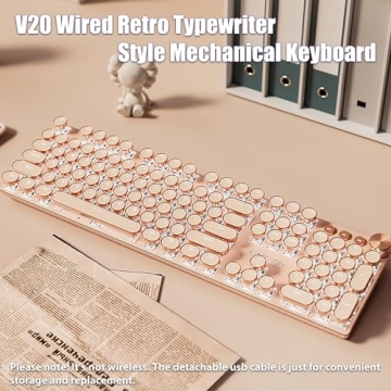 TISHLED Typewriter Style Mechanical Gaming Keyboard - LED Backlit, 104 Keys, Rose Gold