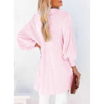 Dokotoo Fashion 2025 Summer Tops for Women Cute V Neck Striped Long Sleeve Smocked Cuffs Button Up S...