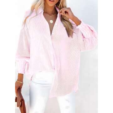 Dokotoo Fashion 2025 Summer Tops for Women Cute V Neck Striped Long Sleeve Smocked Cuffs Button Up Shirts Blouses and Tops Dressy Casual Clothing Pink Small