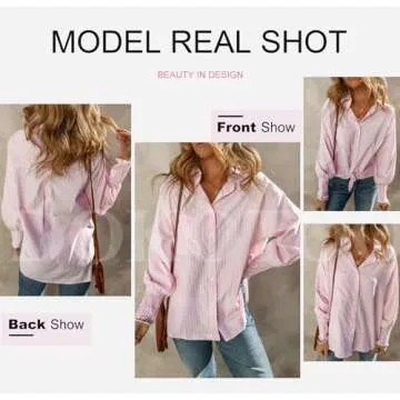 Dokotoo Fashion 2025 Summer Tops for Women Cute V Neck Striped Long Sleeve Smocked Cuffs Button Up Shirts Blouses and Tops Dressy Casual Clothing Pink Small