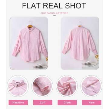 Dokotoo Fashion 2025 Summer Tops for Women Cute V Neck Striped Long Sleeve Smocked Cuffs Button Up Shirts Blouses and Tops Dressy Casual Clothing Pink Small