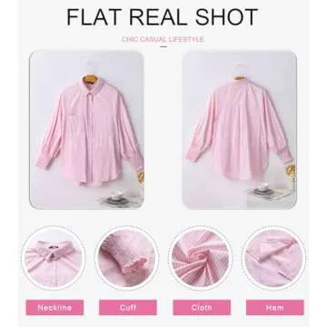 Dokotoo Fashion 2025 Summer Tops for Women Cute V Neck Striped Long Sleeve Smocked Cuffs Button Up Shirts Blouses and Tops Dressy Casual Clothing Pink Small