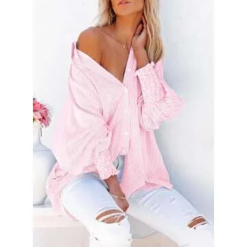 Dokotoo Fashion 2025 Summer Tops for Women Cute V Neck Striped Long Sleeve Smocked Cuffs Button Up Shirts Blouses and Tops Dressy Casual Clothing Pink Small