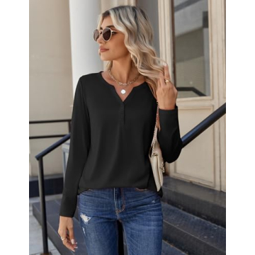 Trendy Black Long Sleeve V Neck Shirts for Women by Zeagoo