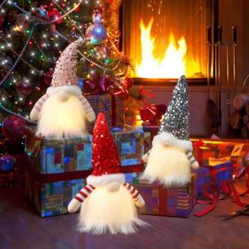 ASTNIC 11.8 Inches Sequin Christmas Gnomes Plush with Light 3Pcs Handmade Swedish Tomte Elf Doll with Glitter Sequins Swedish Hat Soft White Beard for Xmas Home Party Table Children Gifts