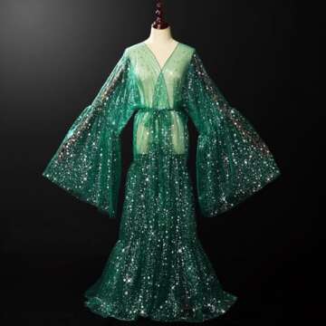 BPURB Women's Bell Sleeve Robe Drag Queen Organza Coat Cosplay Costume Sexy Cover Up