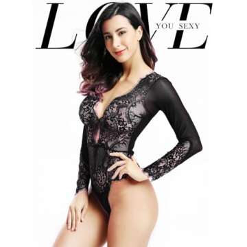 LOVE YOU SEXY Women Lace Lingerie,Long Sleeves Bodysuit,Deep V Bodysuit Lingerie,Sheer Mesh Teddy Li...