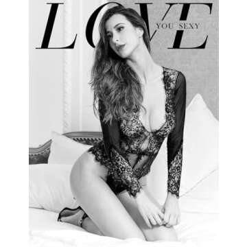 LOVE YOU SEXY Women Lace Lingerie,Long Sleeves Bodysuit,Deep V Bodysuit Lingerie,Sheer Mesh Teddy Lingerie Black Small