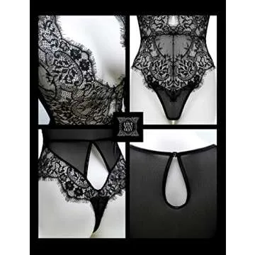 LOVE YOU SEXY Women Lace Lingerie,Long Sleeves Bodysuit,Deep V Bodysuit Lingerie,Sheer Mesh Teddy Lingerie Black Small