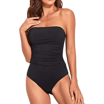 Holipick Women's Tummy Control Black Bandeau One Piece Swimsuit with Removable Strap