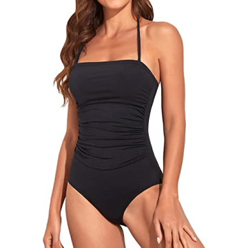 Holipick Black Bandeau One Piece Swimsuit with Tummy Control