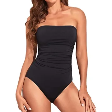 Holipick Black Bandeau One Piece Swimsuit with Tummy Control