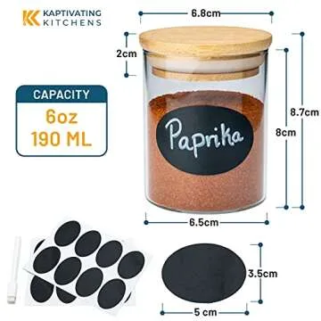 14 pc Glass Jars with Bamboo Lids (6oz) + Rewritable Label Set | Mini Clear Glass Airtight Spice Jars | Food Storage Containers for Home Kitchen, Tea, Herbs, Sugar, Salt, Coffee, Flour, Herbs, Grains