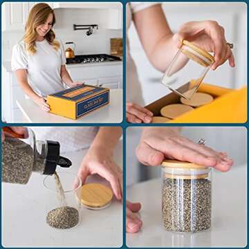 14 pc Glass Jars with Bamboo Lids (6oz) + Rewritable Label Set | Mini Clear Glass Airtight Spice Jars | Food Storage Containers for Home Kitchen, Tea, Herbs, Sugar, Salt, Coffee, Flour, Herbs, Grains