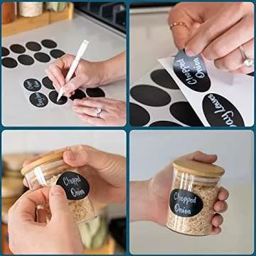 14 pc Glass Jars with Bamboo Lids (6oz) + Rewritable Label Set | Mini Clear Glass Airtight Spice Jars | Food Storage Containers for Home Kitchen, Tea, Herbs, Sugar, Salt, Coffee, Flour, Herbs, Grains