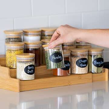 14 pc Glass Jars with Bamboo Lids (6oz) + Rewritable Label Set | Mini Clear Glass Airtight Spice Jars | Food Storage Containers for Home Kitchen, Tea, Herbs, Sugar, Salt, Coffee, Flour, Herbs, Grains