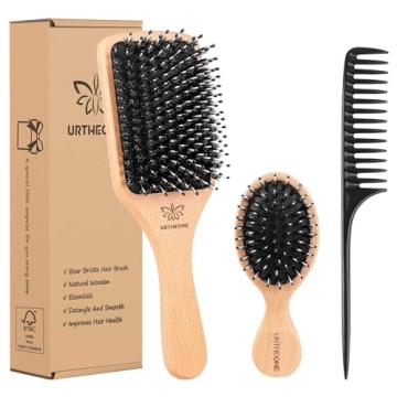 Boar Bristle Hair Brush and Comb Set for Women Men Kids, Best Natural Wooden Paddle Hairbrush and Sm...