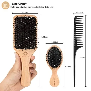 Boar Bristle Hair Brush and Comb Set for Women Men Kids, Best Natural Wooden Paddle Hairbrush and Small Travel Styling Brush for Wet or Dry Hair Detangling Smoothing Massaging