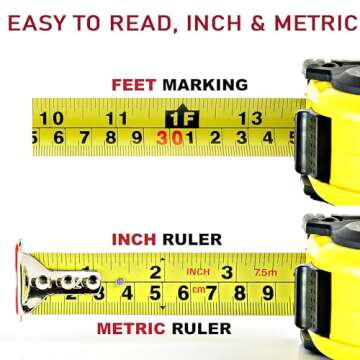 Measuring Tape Measure, 25 Ft Easy to Read Decimal Retractable Dual Side Ruler with Metric and Inches, for Surveyors, Engineers and Electricians, with Magnetic Tip and Rubber Protective Casing