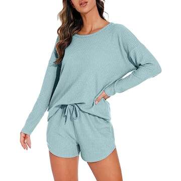 PrinStory Pajamas Set for Women Waffle Knit Lounge Set 2 Piece Outfits Loungewear Sweatsuit with Poc...