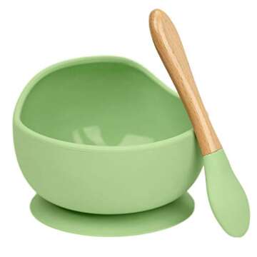 Spill-Free Suction Silicone Training Bowl Feeding Set with Spoon (Light Green)