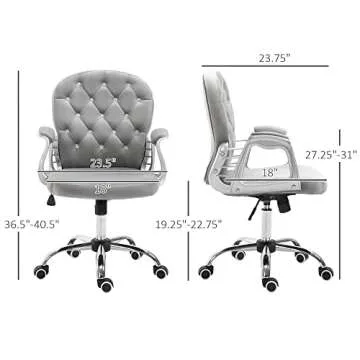 Vinsetto Velvet Home Office Chair, Button Tufted Desk Chair with Padded Armrests, Adjustable Height and Swivel Wheels, Gray