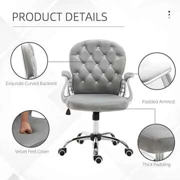 Vinsetto Velvet Home Office Chair, Button Tufted Desk Chair with Padded Armrests, Adjustable Height and Swivel Wheels, Gray