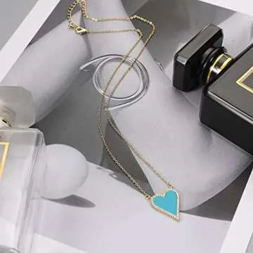 JINGDR Heart Necklace for Women Trendy Preppy Jewelry Gold Plated Love Heart Pendant, Heart Paperclip Chain Necklace Cute Heart Necklaces Birthday for Women Dainty Jewelry (blue)