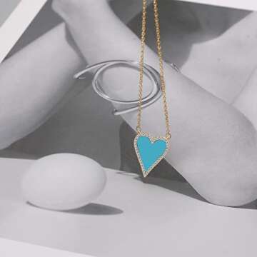 JINGDR Heart Necklace for Women Trendy Preppy Jewelry Gold Plated Love Heart Pendant, Heart Paperclip Chain Necklace Cute Heart Necklaces Birthday for Women Dainty Jewelry (blue)