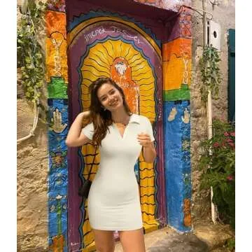 OQQ Women's Mini Dresses Sexy Ribbed Short Sleeve Tummy Control Bodycon Mini Dress Beige