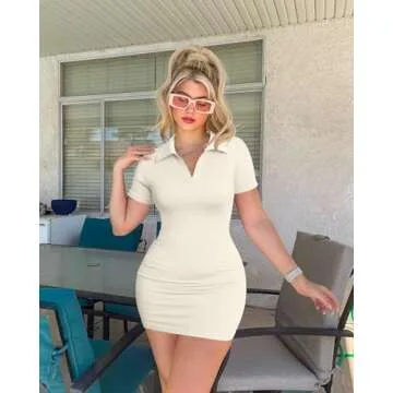 OQQ Women's Mini Dresses Sexy Ribbed Short Sleeve Tummy Control Bodycon Mini Dress Beige