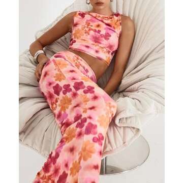 Sastianaen Women Sexy Two Piece Long Skirt Set Y2k Crop Cami Top Split Maxi Skirt Floral Print Outfi...