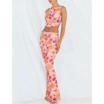 Sastianaen Women Sexy Two Piece Long Skirt Set Y2k Crop Cami Top Split Maxi Skirt Floral Print Outfits Summer Party Clubwear(B2-Pink,S)