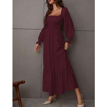 Lrady Women's Square Neck Puff Sleeve Smocked Flounce High Waist Ruffle Flowy Elegant Maxi Dress, Wine Red, Small