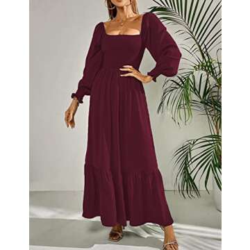 Lrady Women's Square Neck Puff Sleeve Smocked Flounce High Waist Ruffle Flowy Elegant Maxi Dress, Wine Red, Small