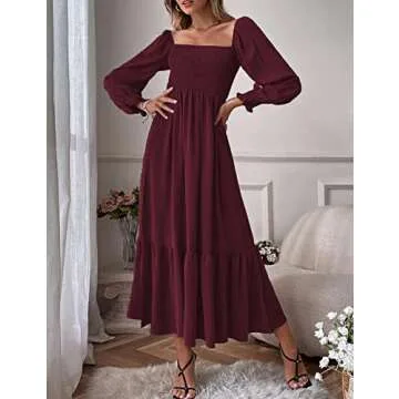 Lrady Women's Square Neck Puff Sleeve Smocked Flounce High Waist Ruffle Flowy Elegant Maxi Dress, Wine Red, Small