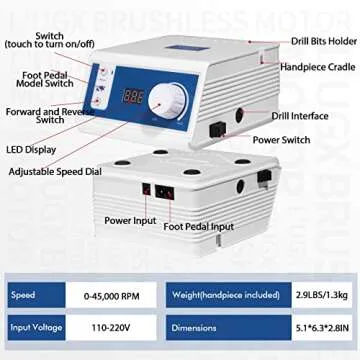 L'UGX Professional Nail Drill, 45000RPM Brushless Electric Nail File Manicure Pedicure with 7 Drill Bits, Perfect for Home Salon Use, Foot Pedal, Low Noise and Low Vibration
