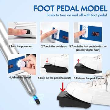 L'UGX Professional Nail Drill, 45000RPM Brushless Electric Nail File Manicure Pedicure with 7 Drill Bits, Perfect for Home Salon Use, Foot Pedal, Low Noise and Low Vibration