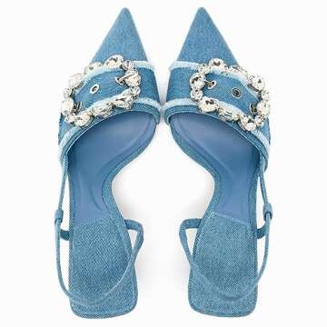 Chic Women's Rhinestone Pointed Toe Denim Kitten Heels for Stylish Occasions